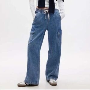 Gap High Rise Wide Leg Elastic Waist Drawstring Pull On Baggy Fit Cargo Jean